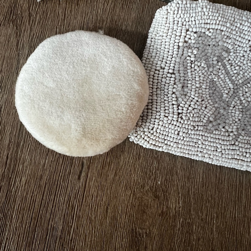 Boho White Beaded Coin Purse w/ Mirror & Powder Puff | Vintage Vanity Pouch - Picture 2 of 11
